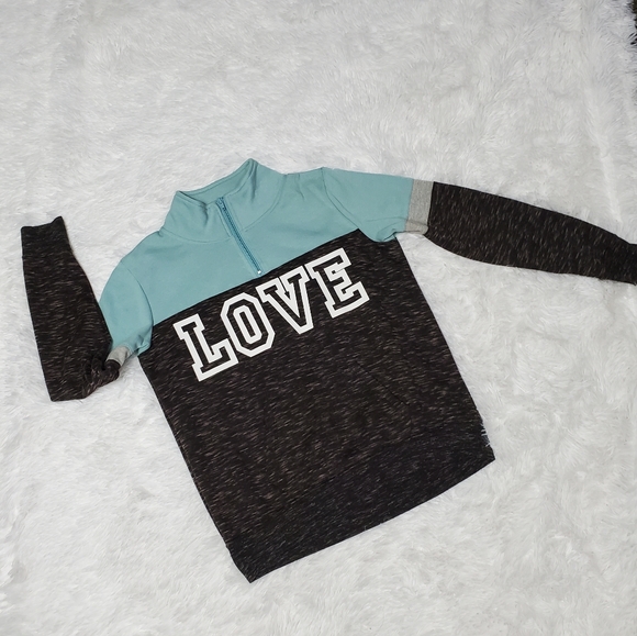 TEAL, WHITE, & BLACK & BROWN BLENDED PULLOVER "LOVE" 1/4 ZIP PULLOVER SWEATSHIRT - Picture 9 of 15